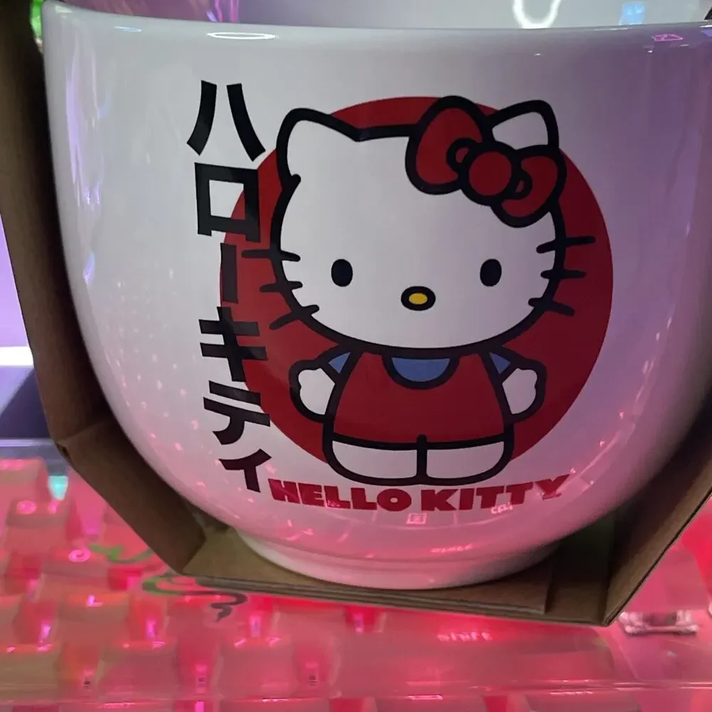 Hello Kitty Ramen Bowl Japanese Logo Ceramic Chopsticks 20oz Red Bow 2023 Sanrio